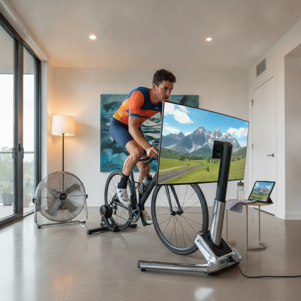 סטאפ אימון אופניים ביתי עם מאמן חכם ומסך Zwift