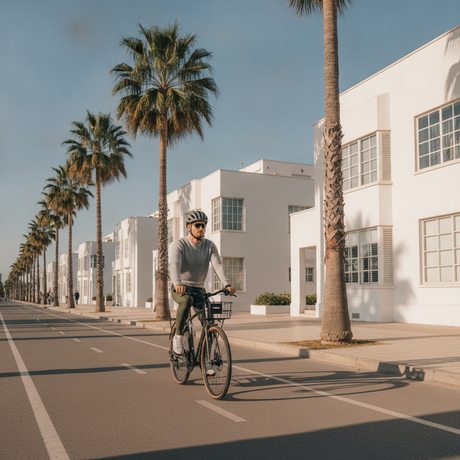 רוכב אופניים עירוני נוסע בשביל אופניים בעיר ישראלית שטופת שמש